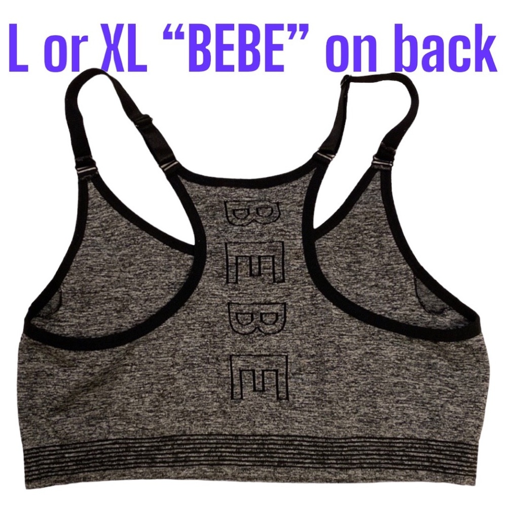 ☀️bebe L/XL “BEBE” on Back Sports Bra Adj Straps Heather Grey Black Athletic Bra